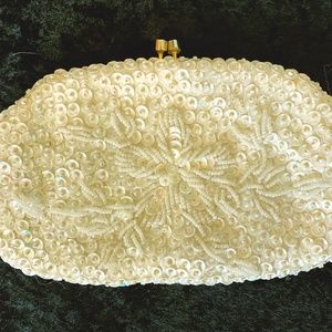 Cream Beaded Dressy Clutch
